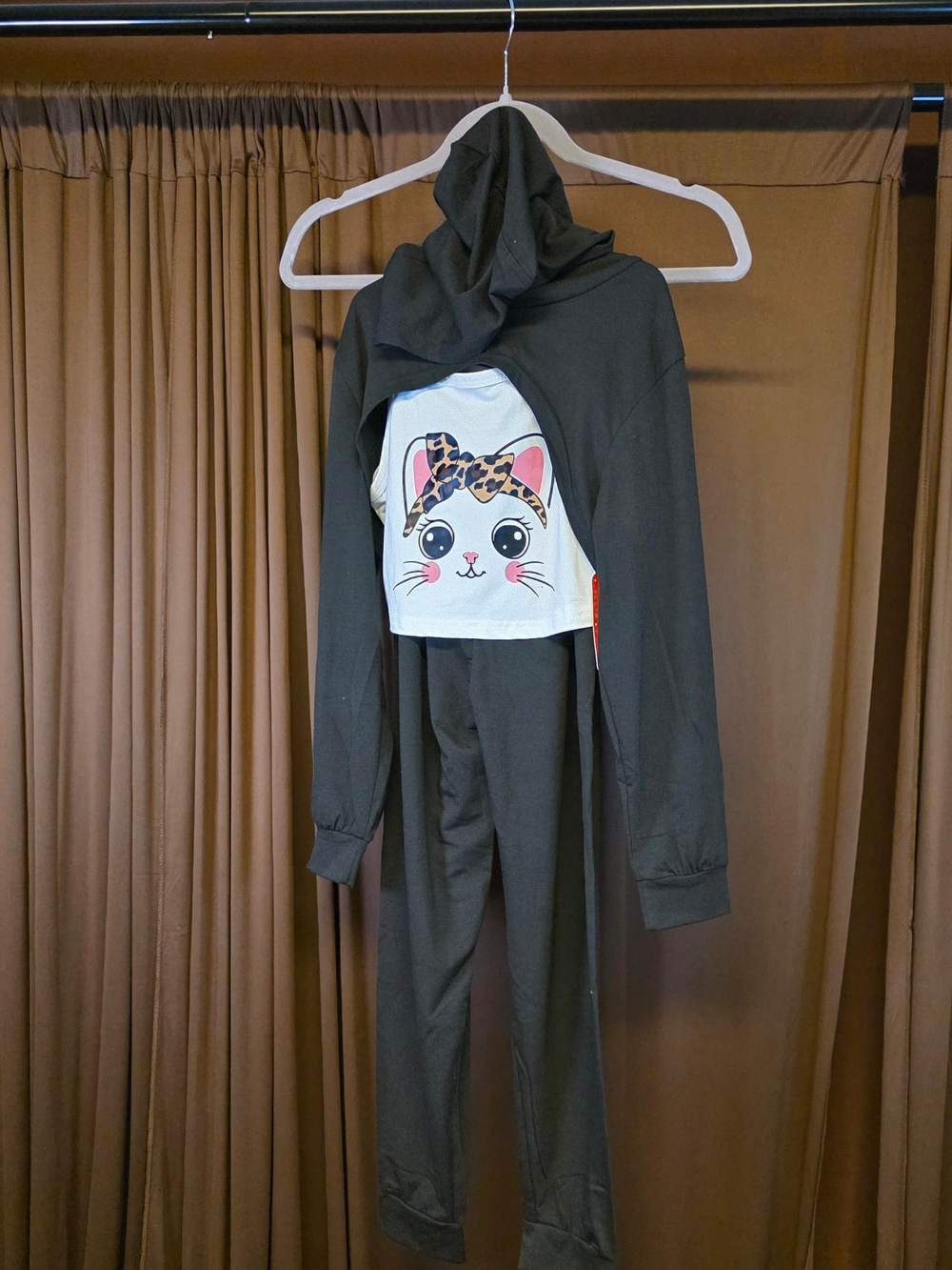 Black Hoodie & Jogger Set with Cute Cat Graphic